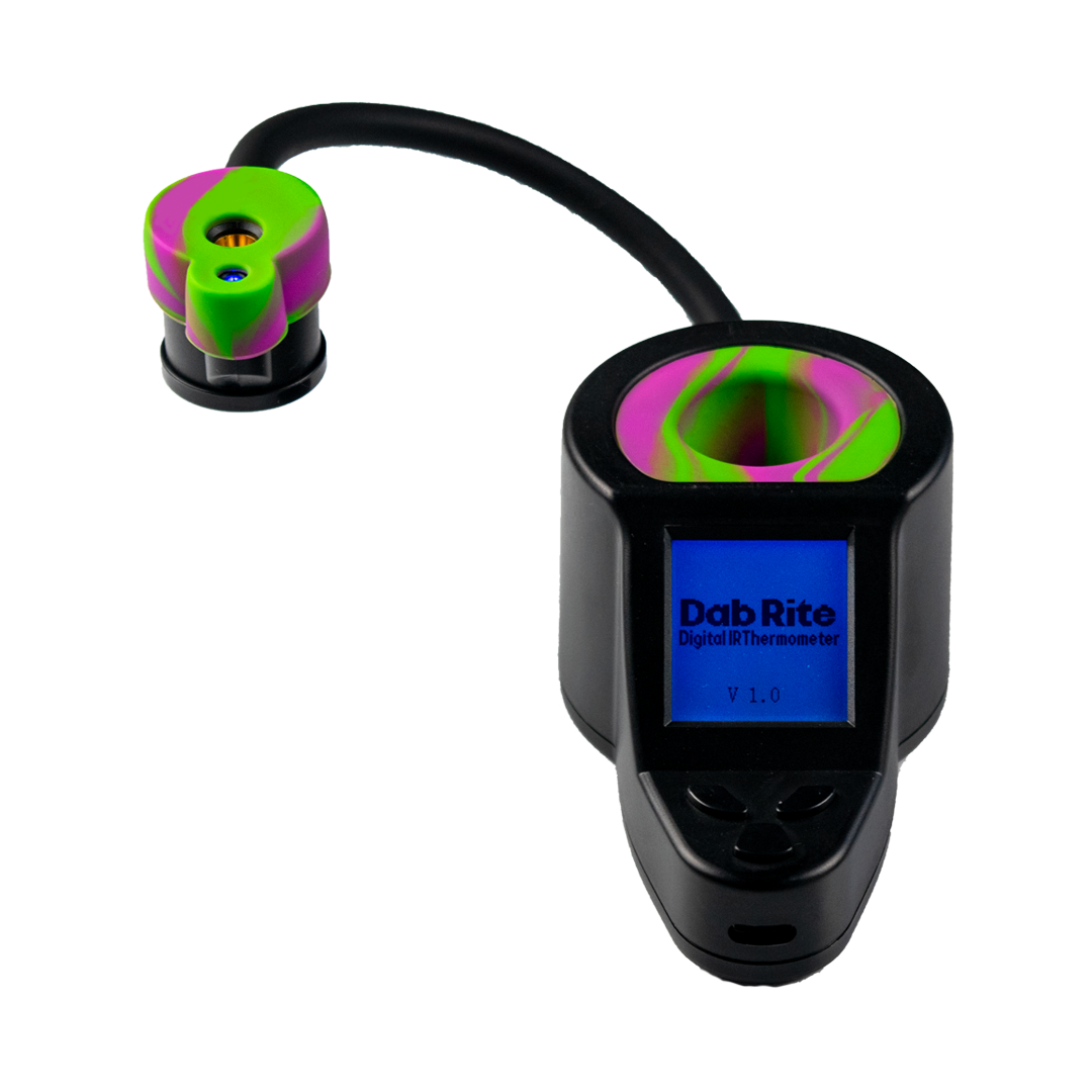 Dab Rite IR Thermometer Shown with Purple/Green Swirl Silicone