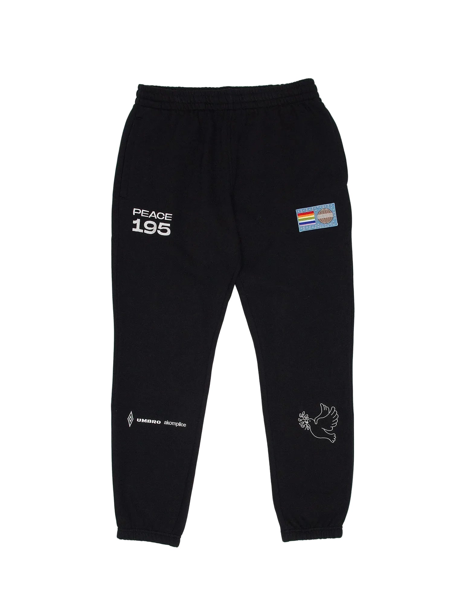 Black sweatpants with various patches and text on a light gray background
