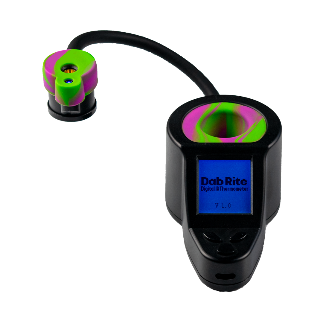 Dab Rite IR Thermometer Shown with Purple/Green Swirl Silicone 