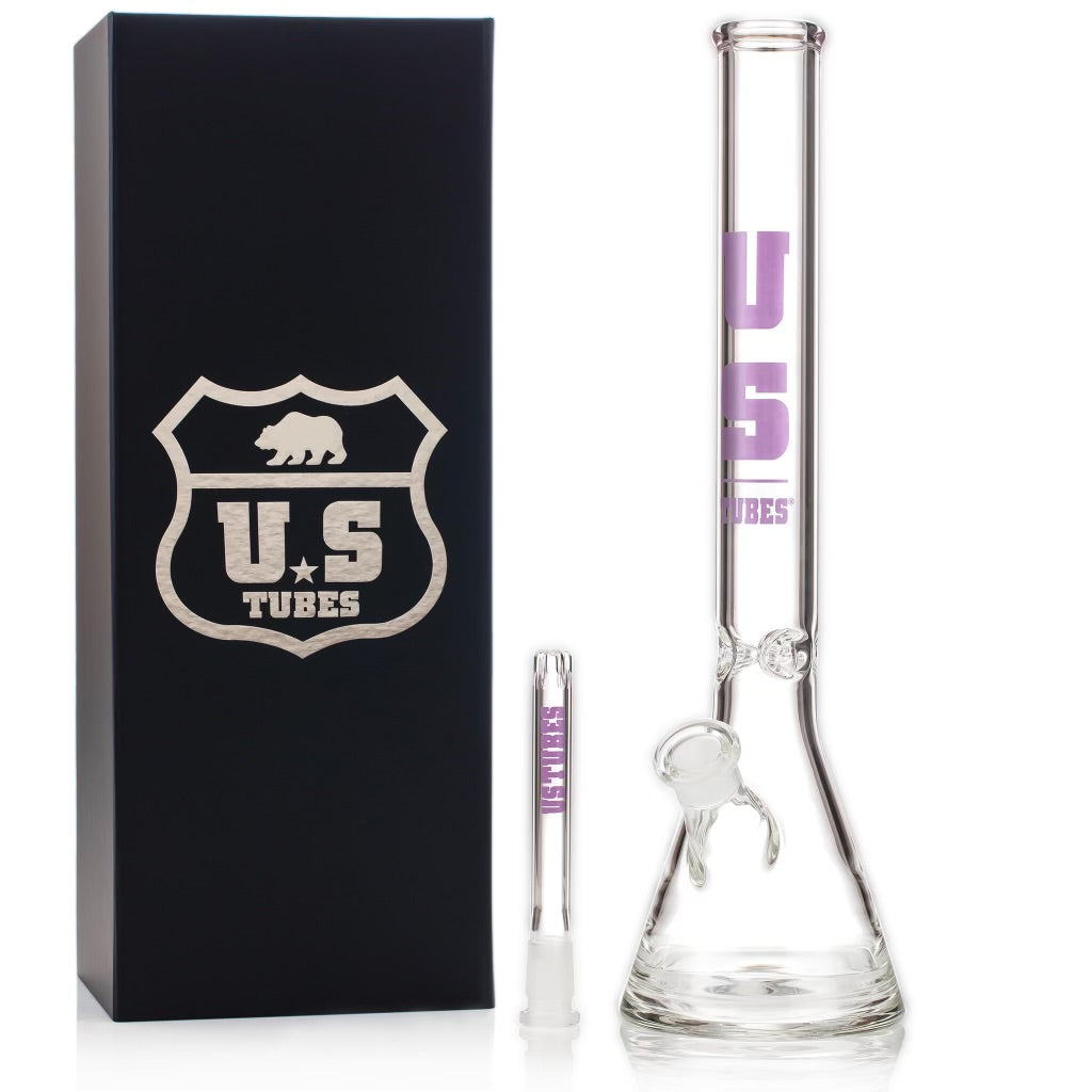 US Tubes 19 Inch Flagship Beaker 50 x 5mm with 24mm Joint and Display Box (Purple Block Decal)