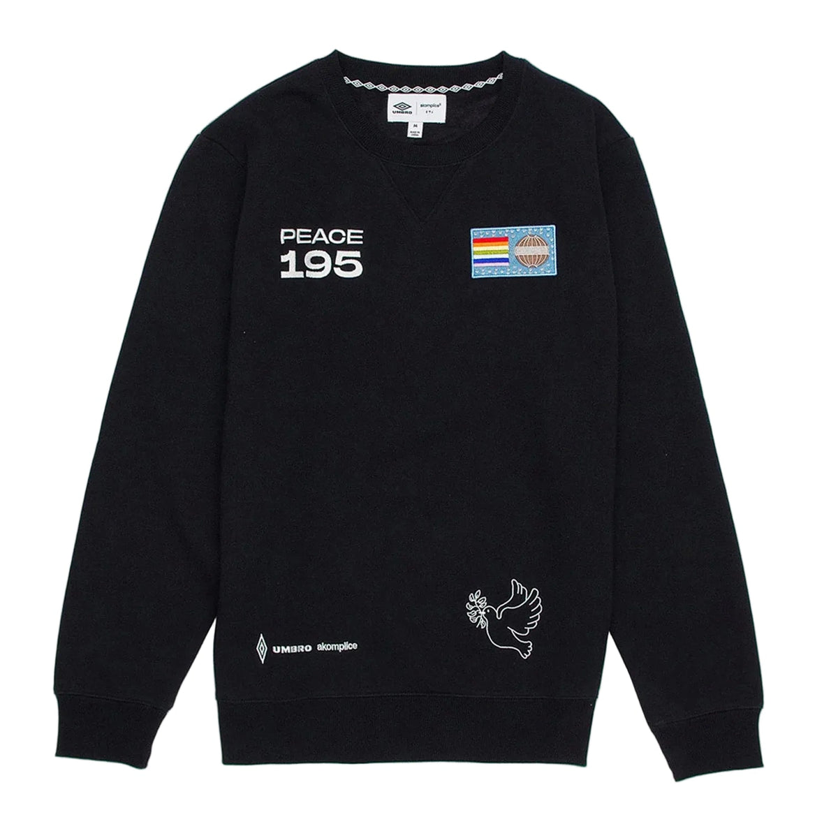 Black sweater with peace symbol and text on a white background