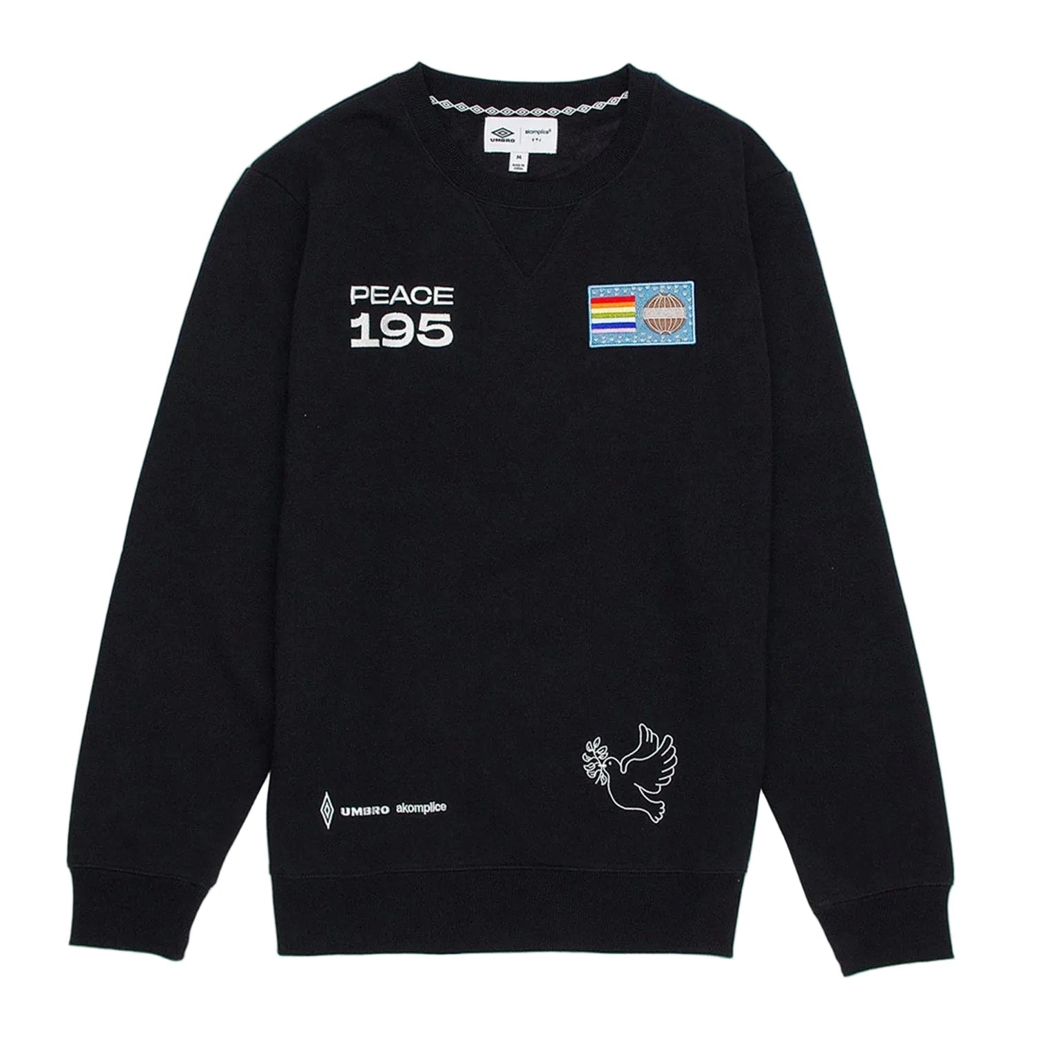 Black sweater with peace symbol and text on a white background