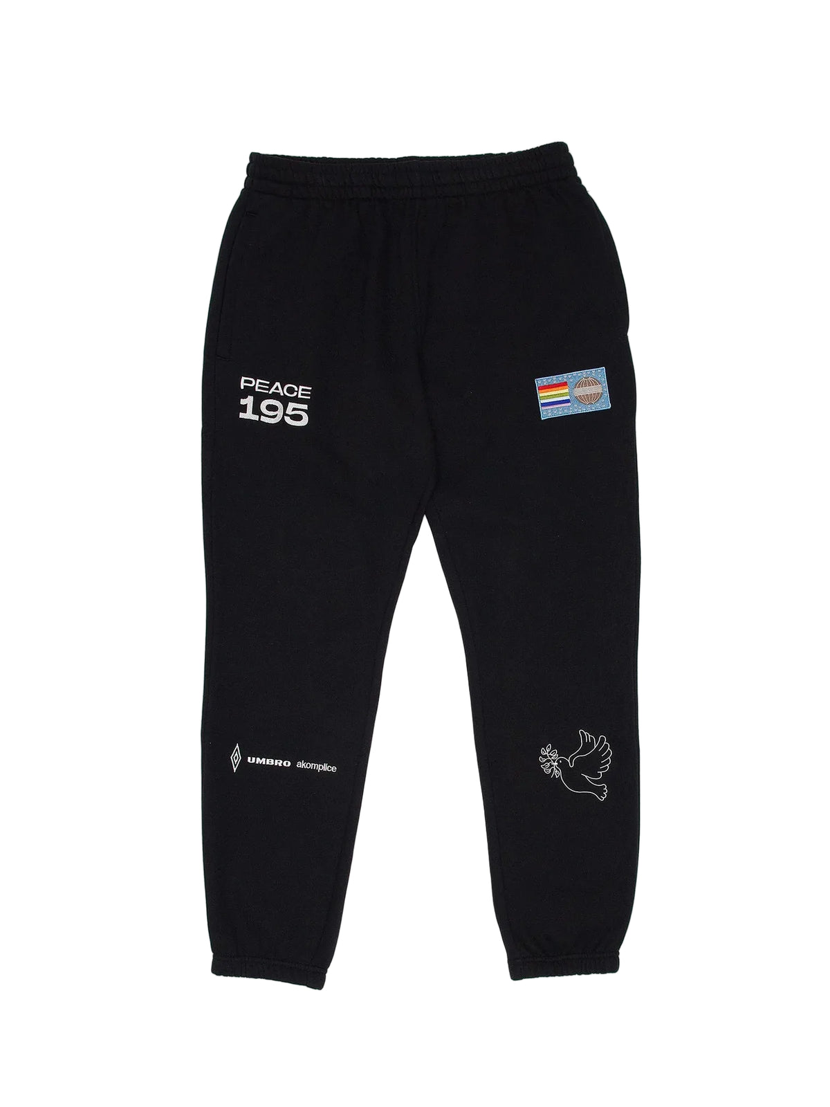 Black sweatpants with various patches and text on a light gray background