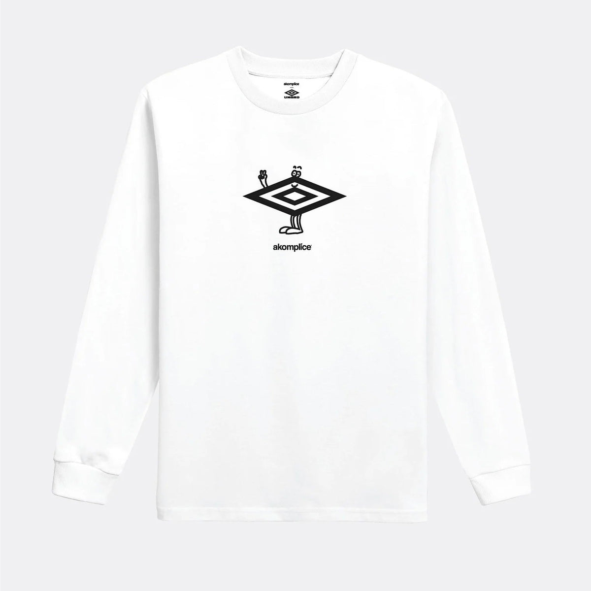 White long-sleeve shirt with a black logo on a white background