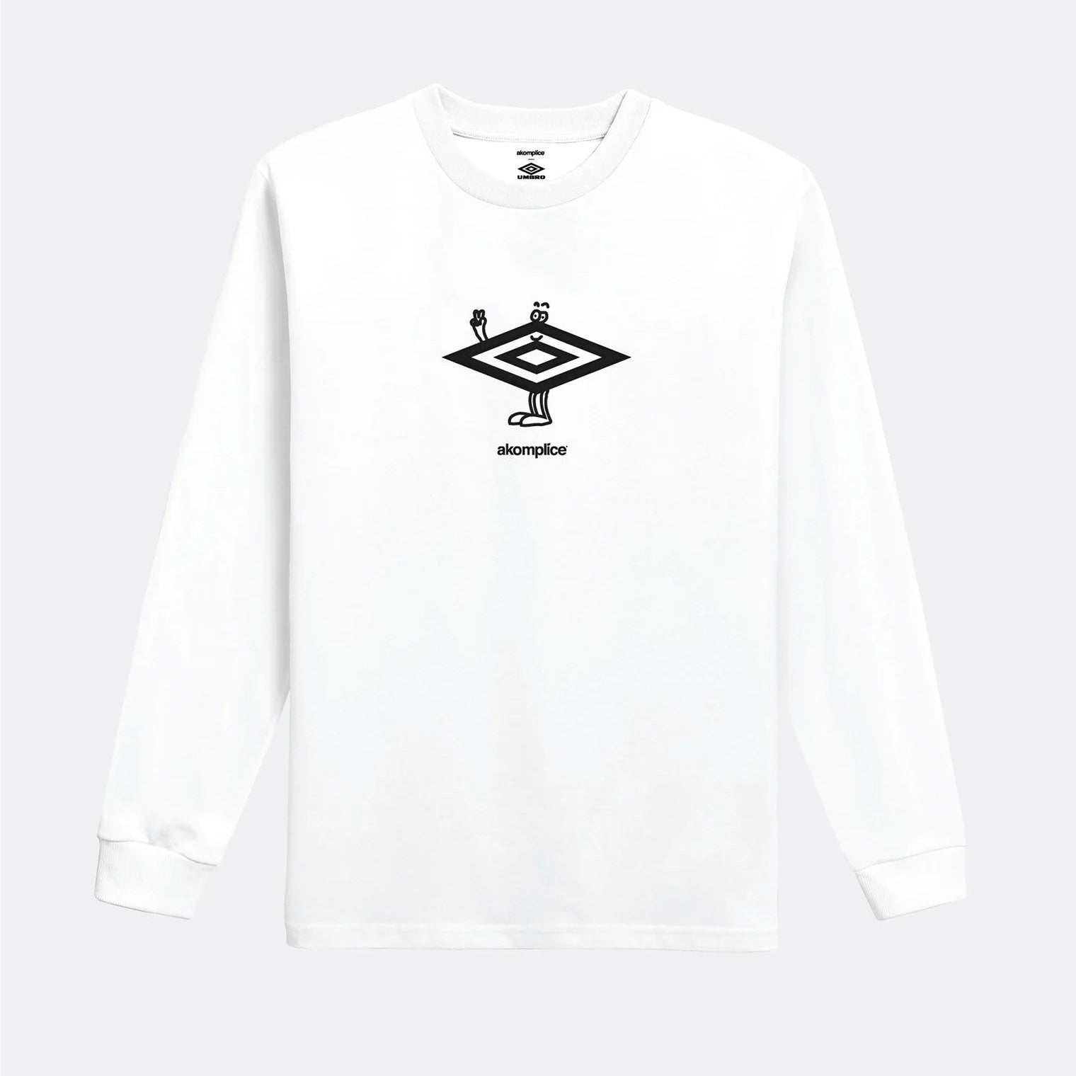 White long-sleeve shirt with a black logo on a white background