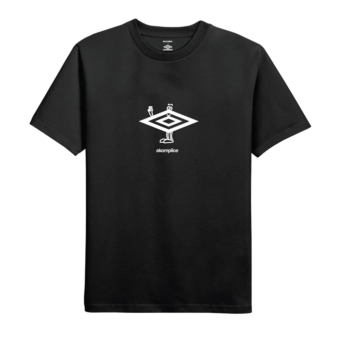 Black t-shirt with a white logo on a light gray background