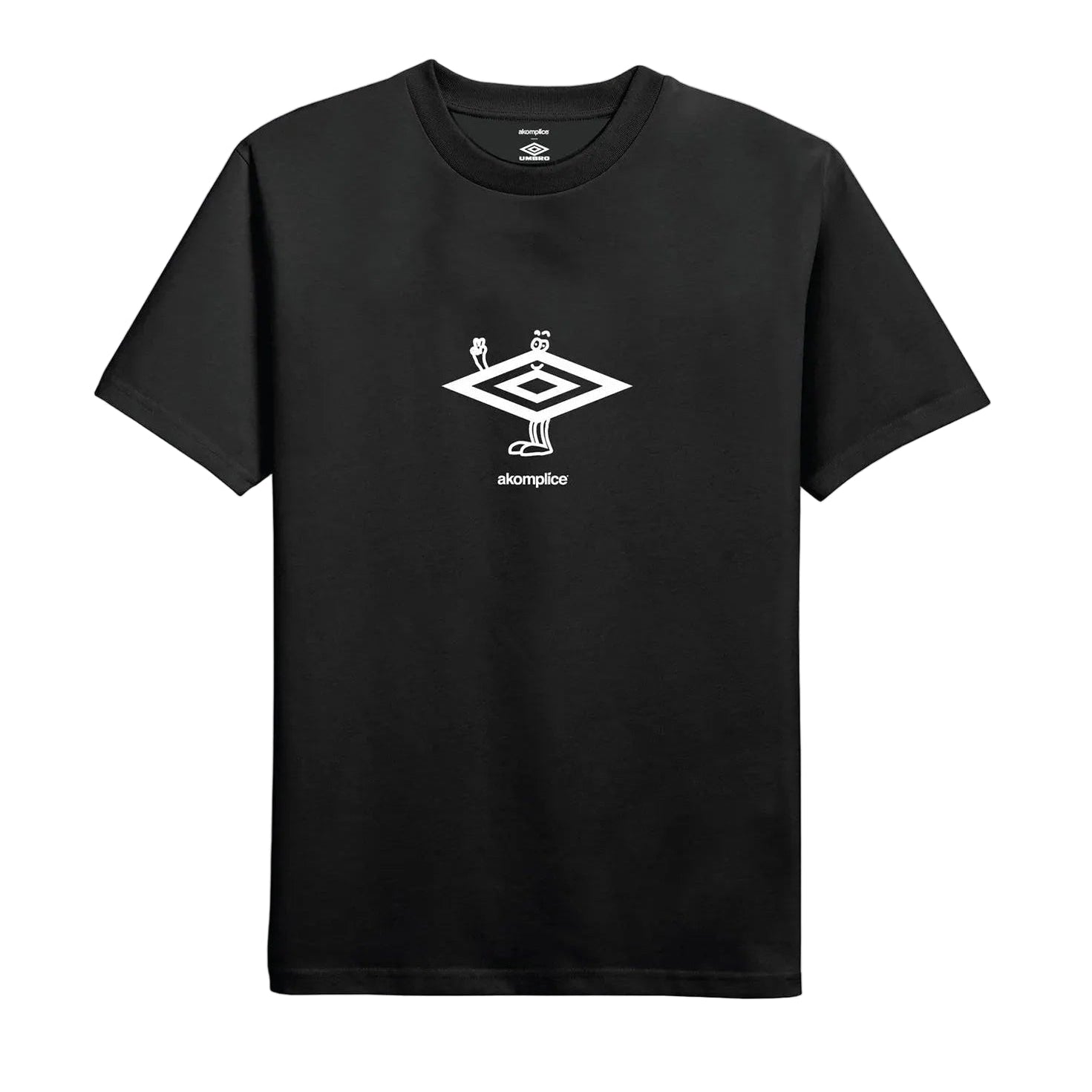 Black t-shirt with a white logo on a light gray background