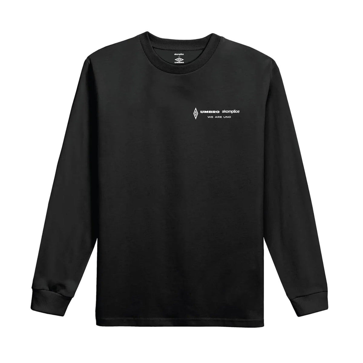 Black long-sleeve shirt with a logo on a light gray background