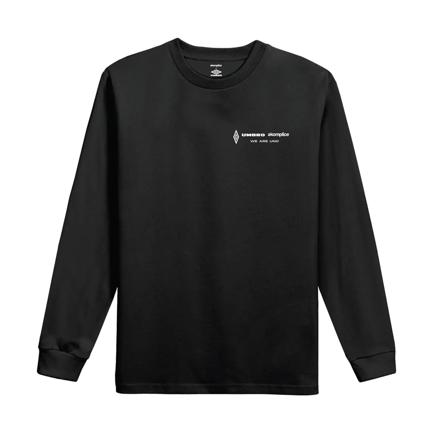 Black long-sleeve shirt with a logo on a light gray background